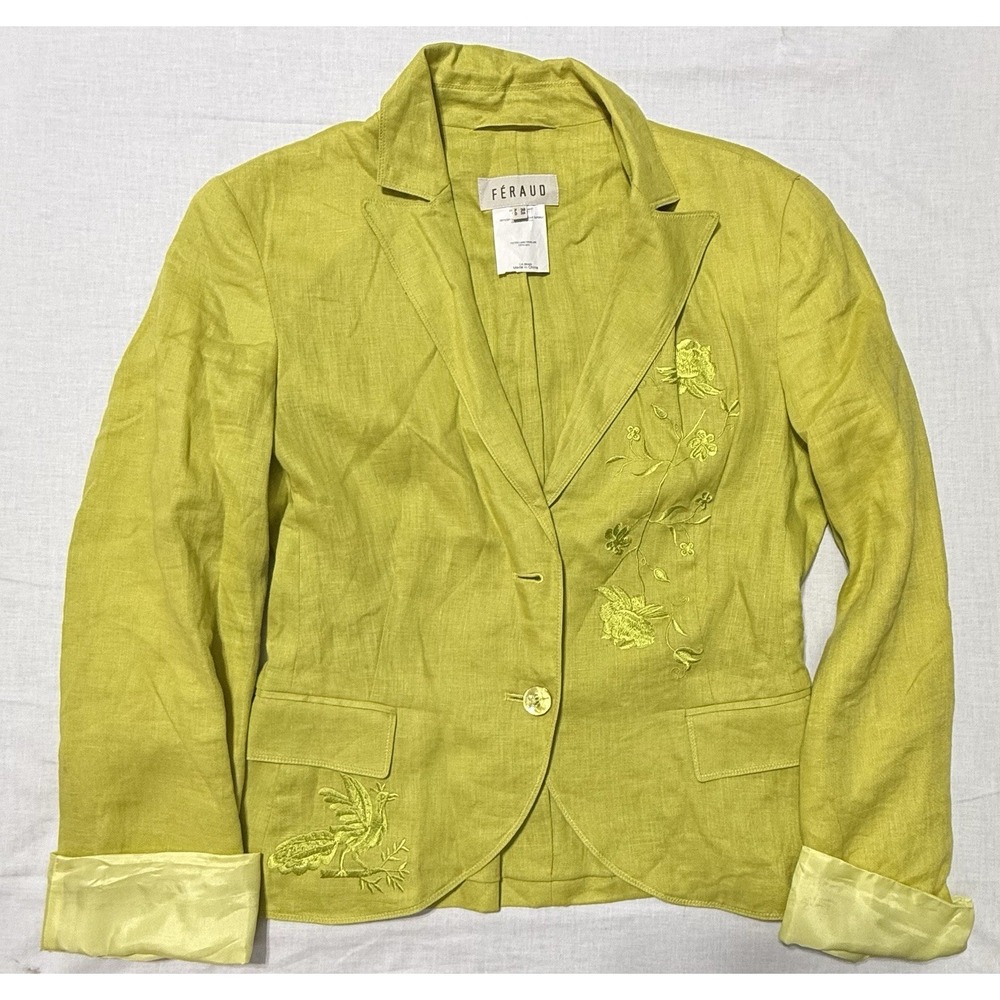 Louis Féraud Paris Lime Green Linen Embroidered Bird Floral Jacket Size 6